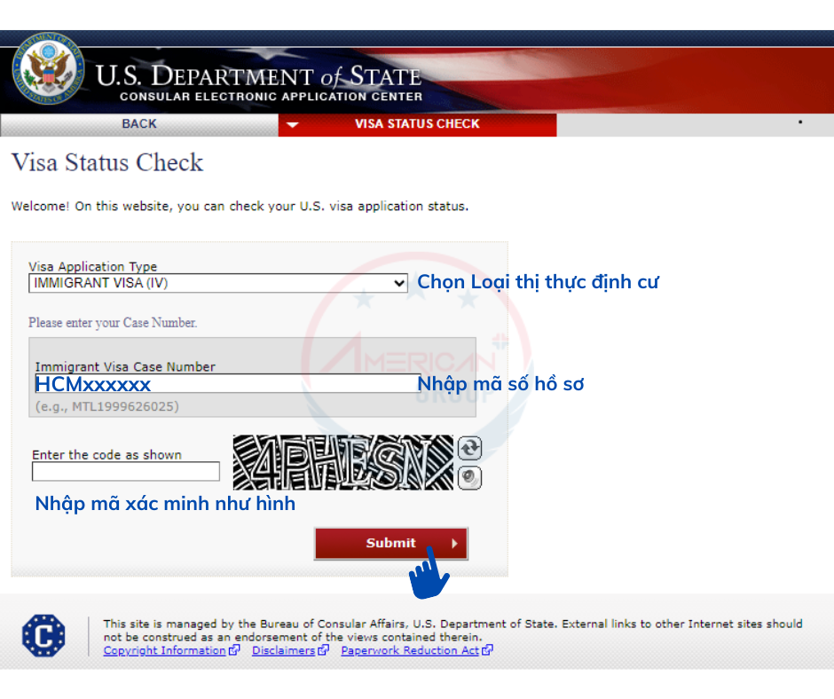 Cách Kiểm Tra Online Hồ Sơ Tại Trung Tâm Thị Thực Quốc Gia (NVC) Điền các thông tin Mã số hồ sơ theo yêu cầu vào ô trống - Kiểm tra online hồ sơ tại NVC