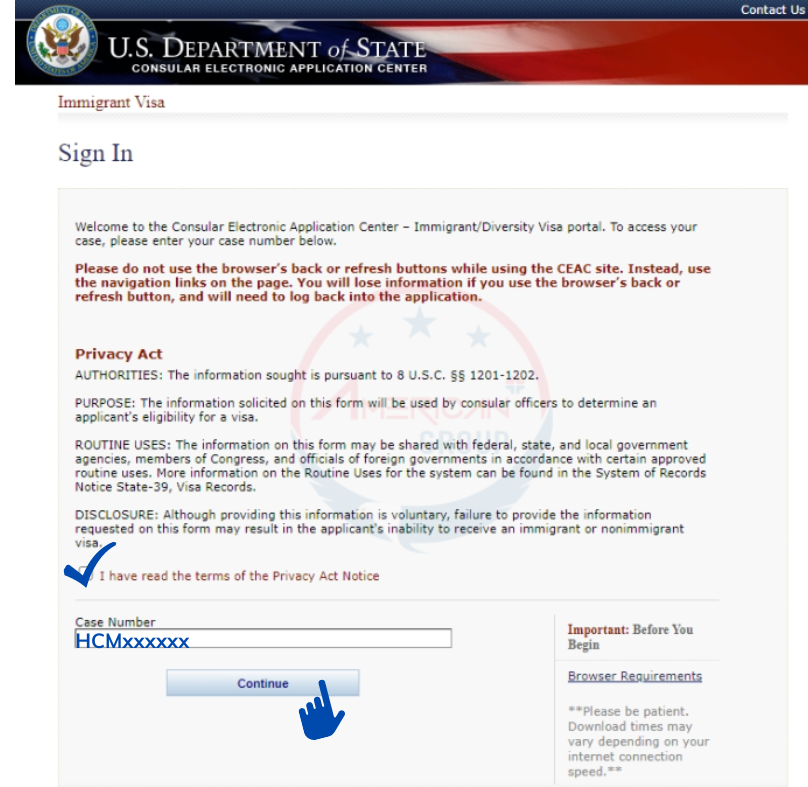 Cách Kiểm Tra Online Hồ Sơ Tại Trung Tâm Thị Thực Quốc Gia (NVC) Nhập mã số hồ sơ theo yêu cầu, đánh dấu xác nhận các điều khoản khi truy cập vào trang thông tin chi tiết - Kiểm tra online hồ sơ tại NVC